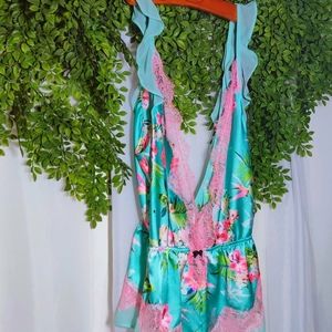 silky tropical romper with hot pink lace & frills